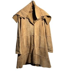 VTG Tan Suede Leather Long Coat Button Up Western Boho Dramatic Overcoat OSFM 40